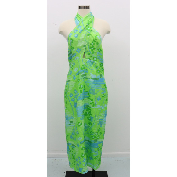 RHODE Paolo Linen Midi Dress Size 8 Retail $495 Tiki Hawaiian Inspired Wrap Neck - Picture 1 of 16